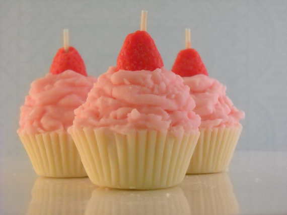4 Pink Strawberry Shortcake Scented Mini Cupcake Candles Made With All Natural Soy Wax